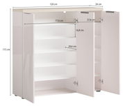 XL-Schuhschrank mit offenen Türen, zeigt mehrere Regalböden zur Schuhaufbewahrung, Perspektive von vorne.