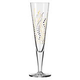 Champagnerglas mit goldenen und schwarzen Punkten, seitliche Perspektive