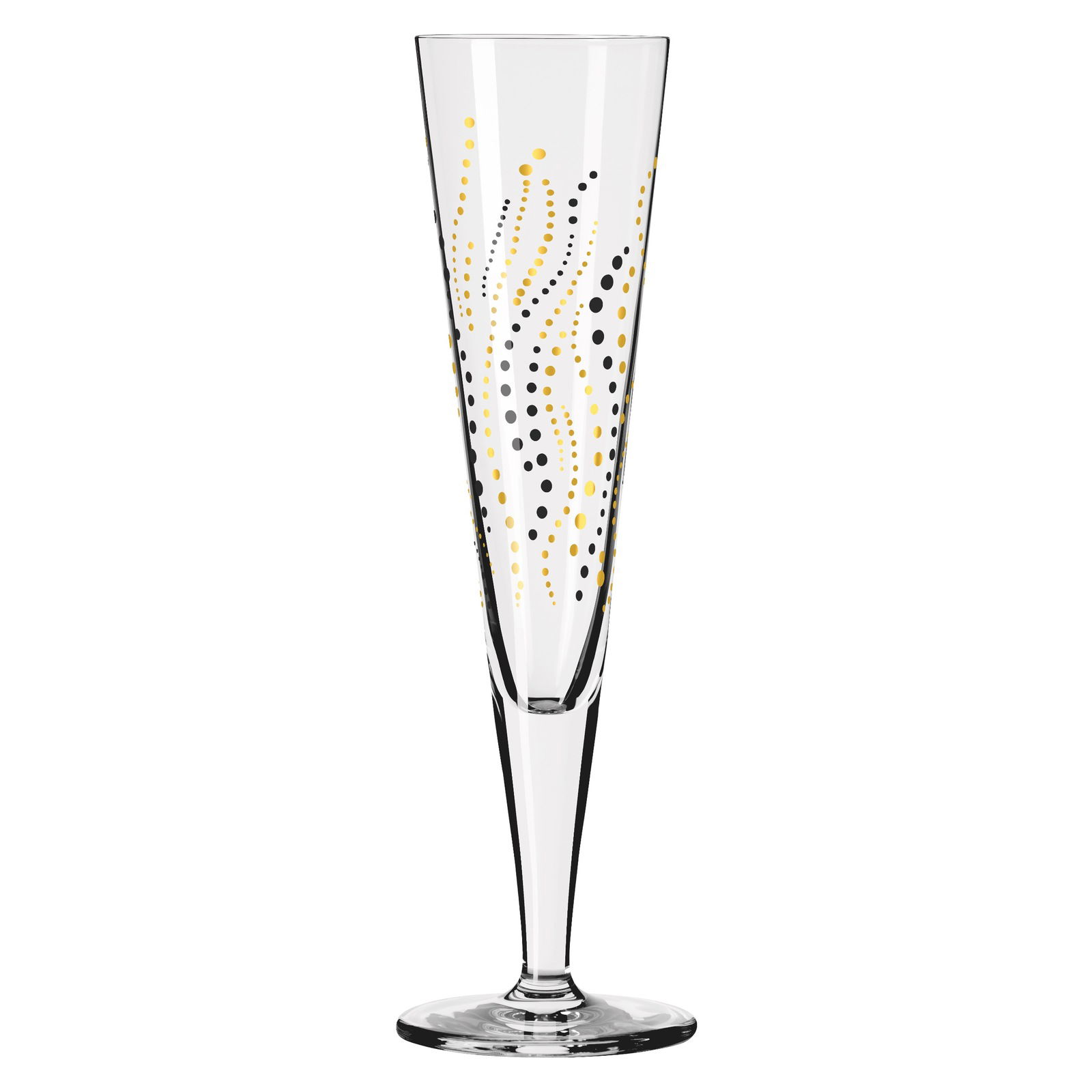 Champagnerglas mit goldenen und schwarzen Punkten, seitliche Perspektive