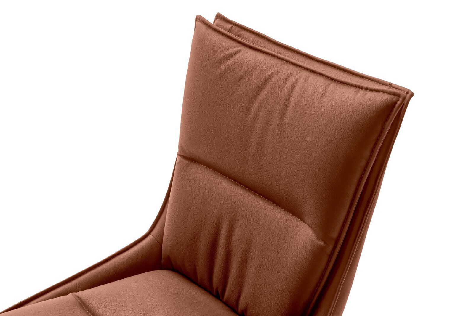 Nahaufnahme eines braunen Stuhls mit gepolsterter Rückenlehne, seitliche Perspektive