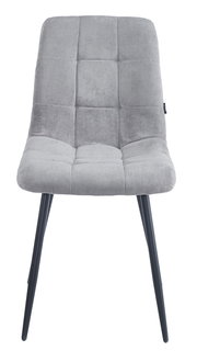 Grauer Stuhl mit gestepptem Stoffbezug und schwarzen Beinen, Frontalansicht