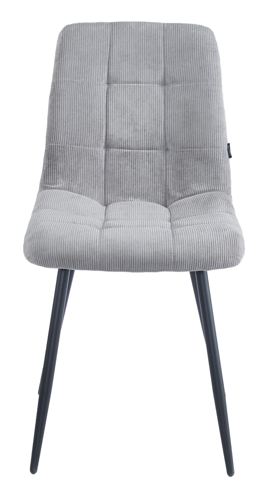 Grauer Stuhl mit gestepptem Stoffbezug und schwarzen Beinen, Frontalansicht