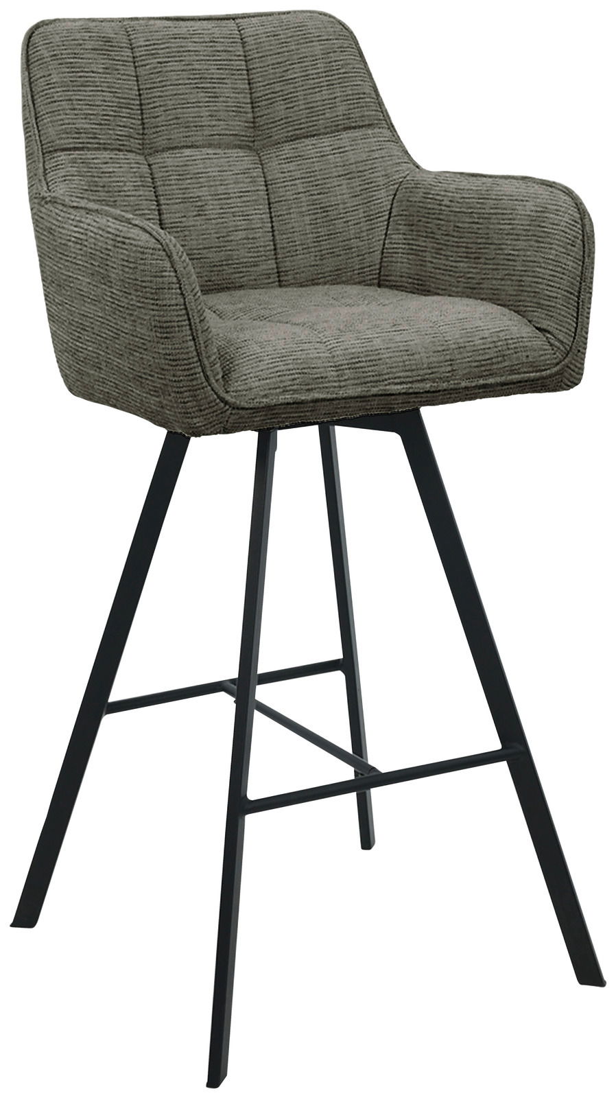 Moderner Barhocker mit gepolstertem Sitz und Rückenlehne in grauem Stoff, schwarzes Metallgestell, seitliche Perspektive