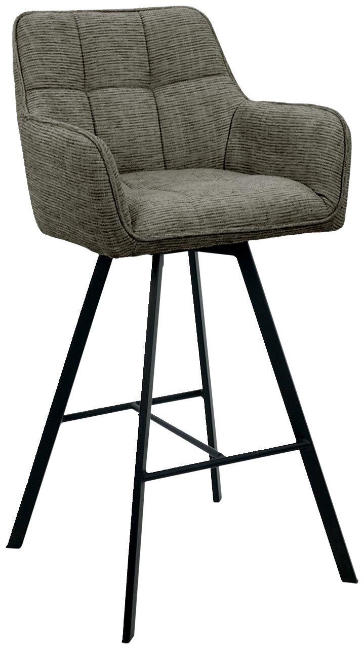 Z2 Barhocker ALOIS Moderner Barhocker mit gepolstertem Sitz und Rückenlehne in grauem Stoff, schwarzes Metallgestell, seitliche Perspektive