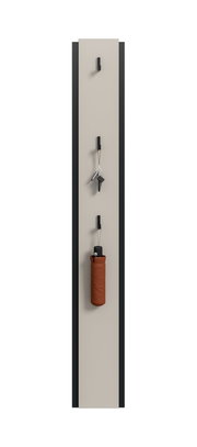 Schmale Wandgarderobe in Beige mit schwarzem Rahmen und drei schwarzen Haken, mit Schlüsselbund und zusammengefaltetem braunem Taschenschirm, Frontansicht