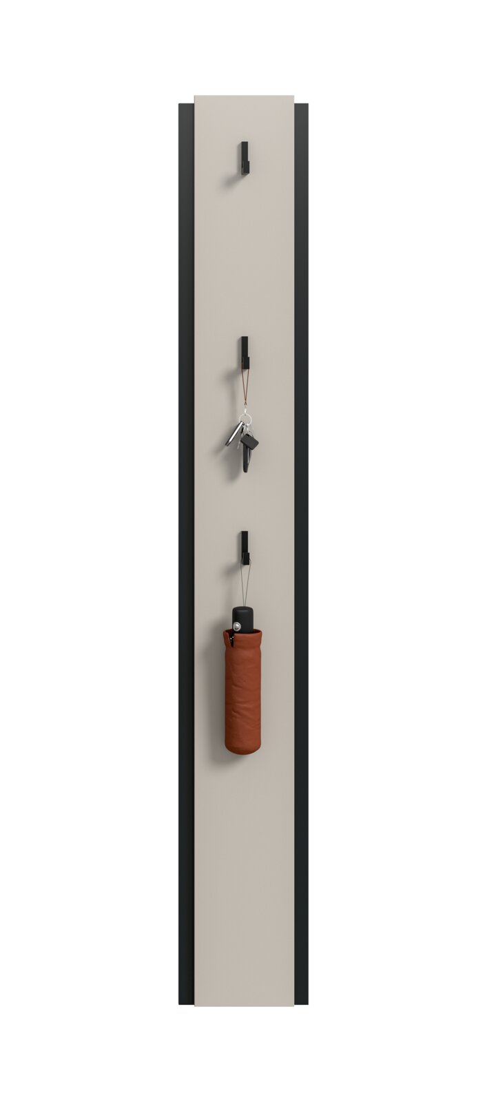 Schmale Wandgarderobe in Beige mit schwarzem Rahmen und drei schwarzen Haken, mit Schlüsselbund und zusammengefaltetem braunem Taschenschirm, Frontansicht