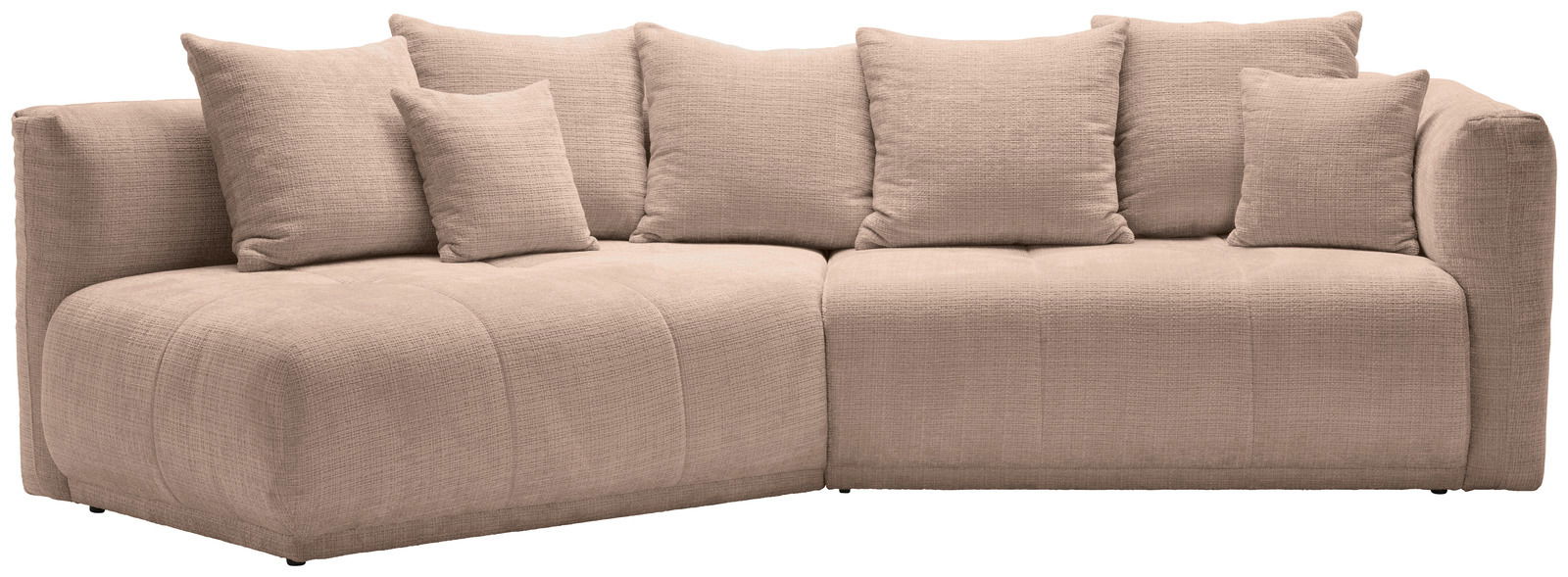 Beige Rundecke Sofa mit mehreren Kissen, Perspektive von vorne
