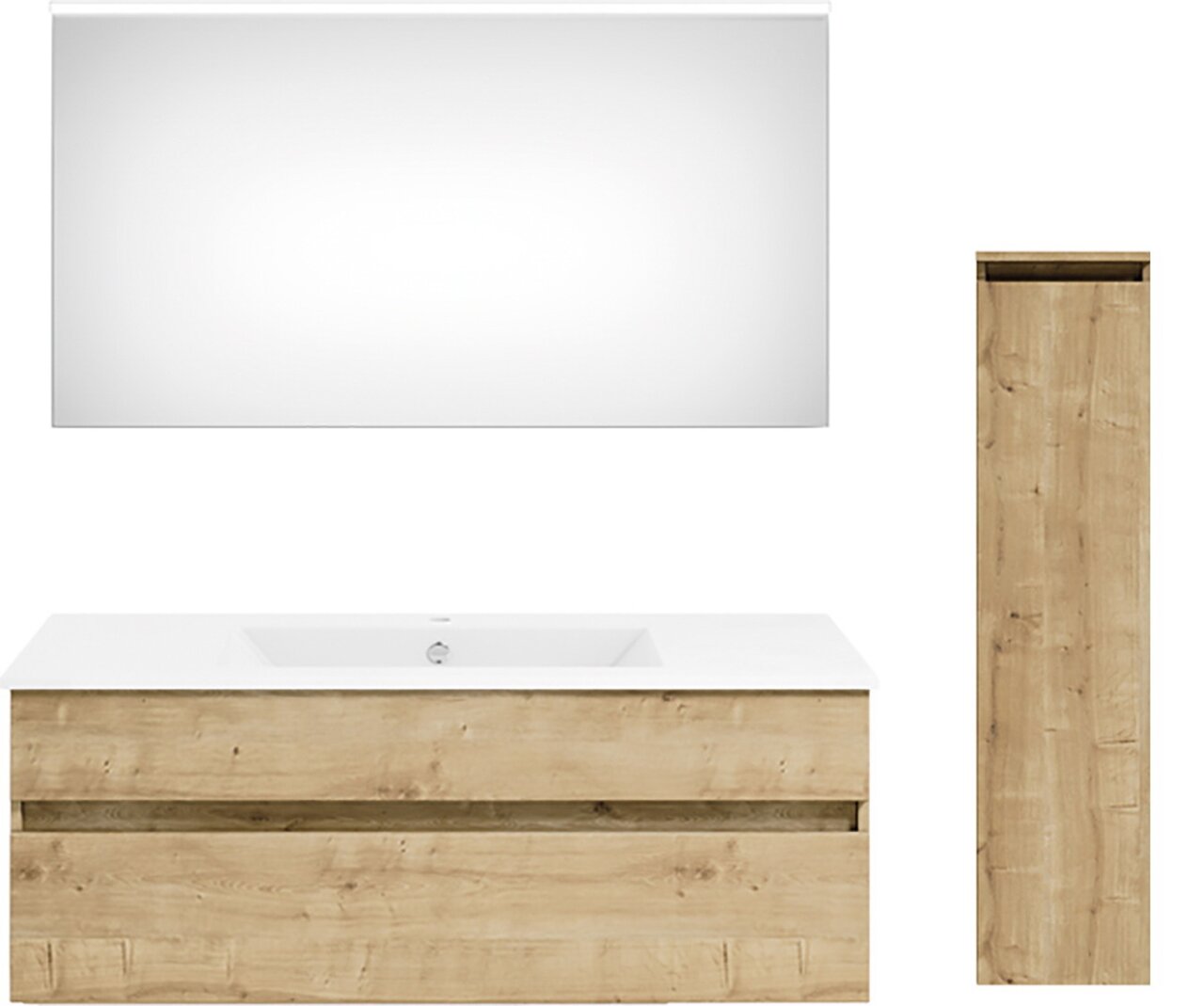 Puris Badkombination GET2YOU 21 Frontale Ansicht einer modernen Badkombination mit großem Spiegel, Waschbeckenunterschrank in Holzoptik und hohem, schmalem Schrank.