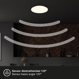 LED Deckenleuchte mit Sensor, weiß, in moderner Innenraumumgebung, von unten betrachtet, mit 120° Sensor-Abstrahlwinkel.