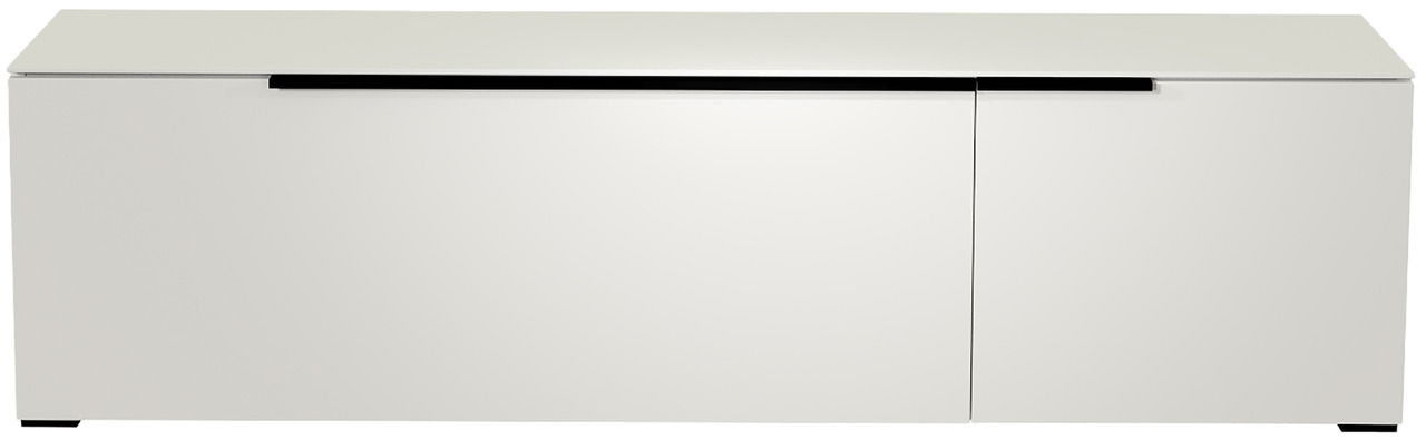 Frontansicht eines modernen weißen TV-Lowboards mit minimalistischen Linien und schwarzem Griff.