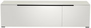 Frontansicht eines modernen weißen TV-Lowboards mit minimalistischen Linien und schwarzem Griff.