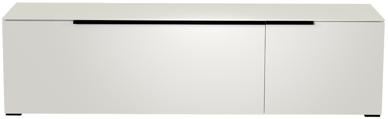 Frontansicht eines modernen weißen TV-Lowboards mit minimalistischen Linien und schwarzem Griff.