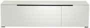Frontansicht eines modernen weißen TV-Lowboards mit minimalistischen Linien und schwarzem Griff.