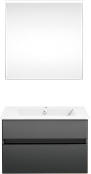 Frontale Ansicht einer modernen Badkombination mit Spiegel und Waschbeckenunterschrank in dunklem Grau.
