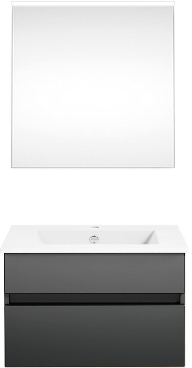 Puris Badkombination GET2YOU 21 Frontale Ansicht einer modernen Badkombination mit Spiegel und Waschbeckenunterschrank in dunklem Grau.
