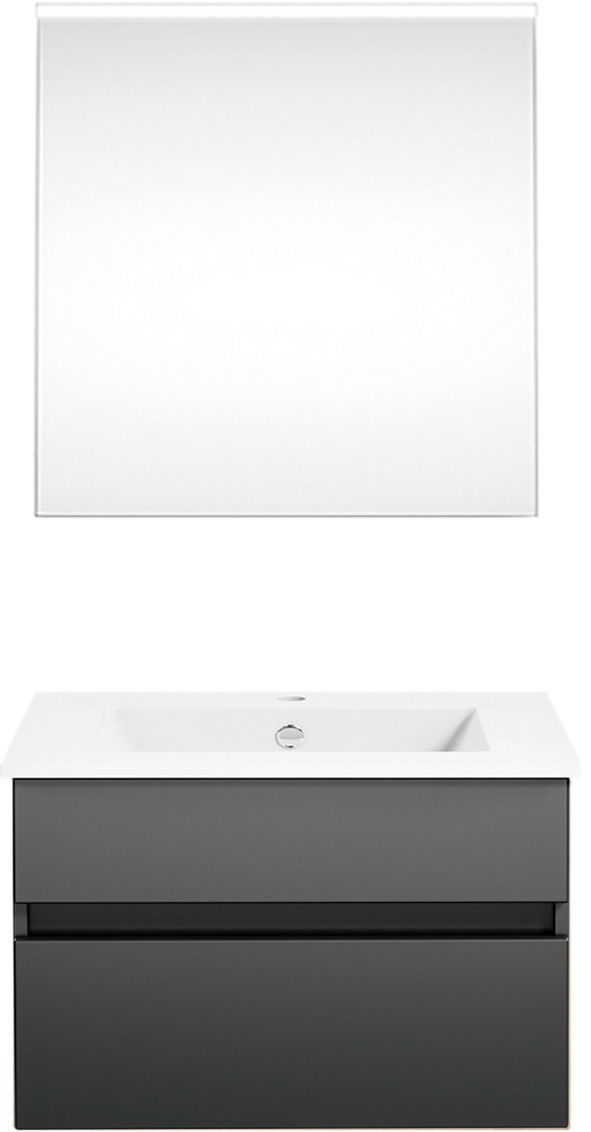 Frontale Ansicht einer modernen Badkombination mit Spiegel und Waschbeckenunterschrank in dunklem Grau.