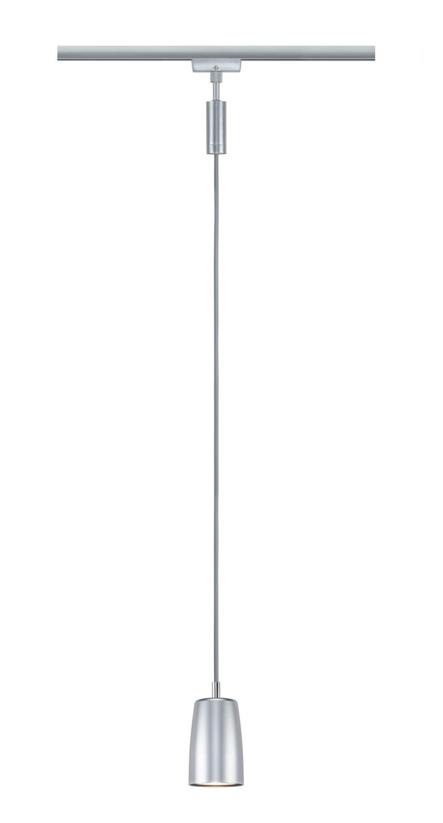 Silbernes Schienenpendel von PAULMANN, hängend an einer Schiene, seitliche Perspektive.