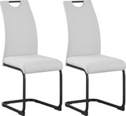 Zwei moderne Freischwinger-Esszimmerstühle mit hellgrauem Stoffbezug und schwarzem Metallgestell, schräg von vorn auf weißem Hintergrund abgebildet