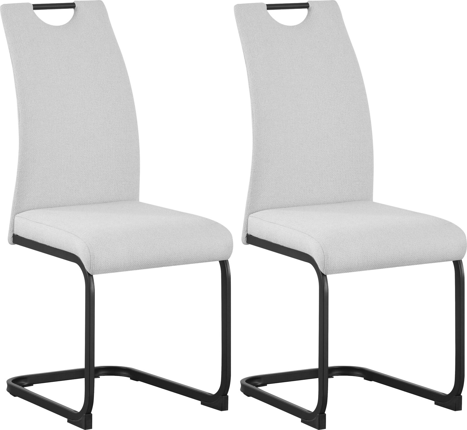 Zwei moderne Freischwinger-Esszimmerstühle mit hellgrauem Stoffbezug und schwarzem Metallgestell, schräg von vorn auf weißem Hintergrund abgebildet