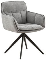 Grauer Armlehnstuhl mit gepolstertem Sitz und Rückenlehne, schwarzes Metallgestell, seitliche Perspektive