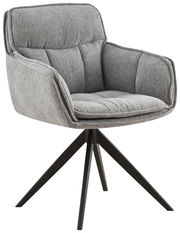 Grauer Armlehnstuhl mit gepolstertem Sitz und Rückenlehne, schwarzes Metallgestell, seitliche Perspektive