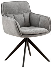 Grauer Armlehnstuhl mit gepolstertem Sitz und Rückenlehne, schwarzes Metallgestell, seitliche Perspektive