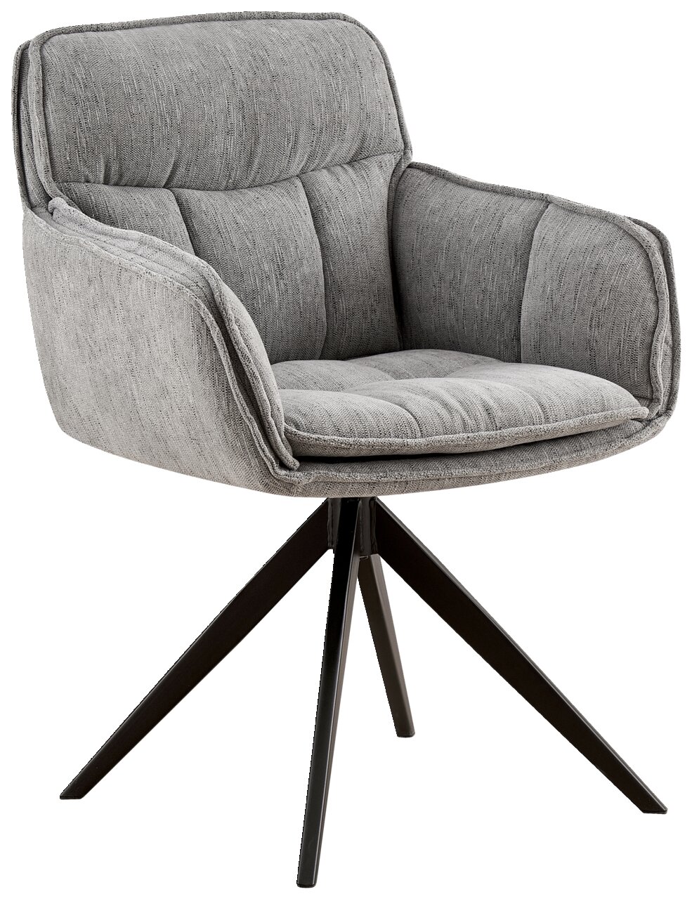 Grauer Armlehnstuhl mit gepolstertem Sitz und Rückenlehne, schwarzes Metallgestell, seitliche Perspektive