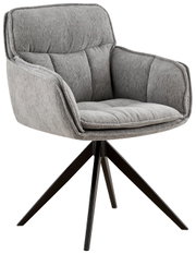 Grijze fauteuil met gestoffeerde zitting en rugleuning, zwart metalen frame, zijaanzicht
