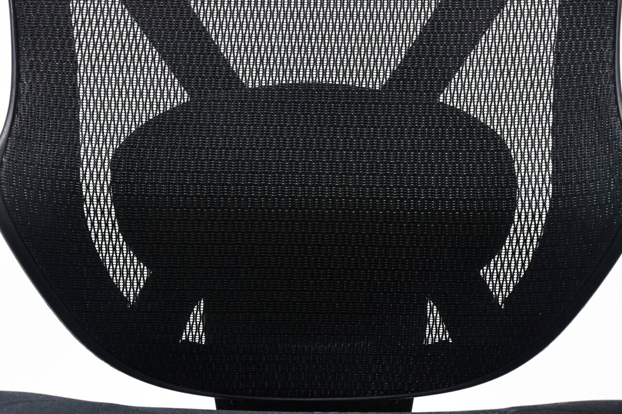 Nahaufnahme der Rückenlehne eines Drehstuhls mit schwarzem Netzgewebe.