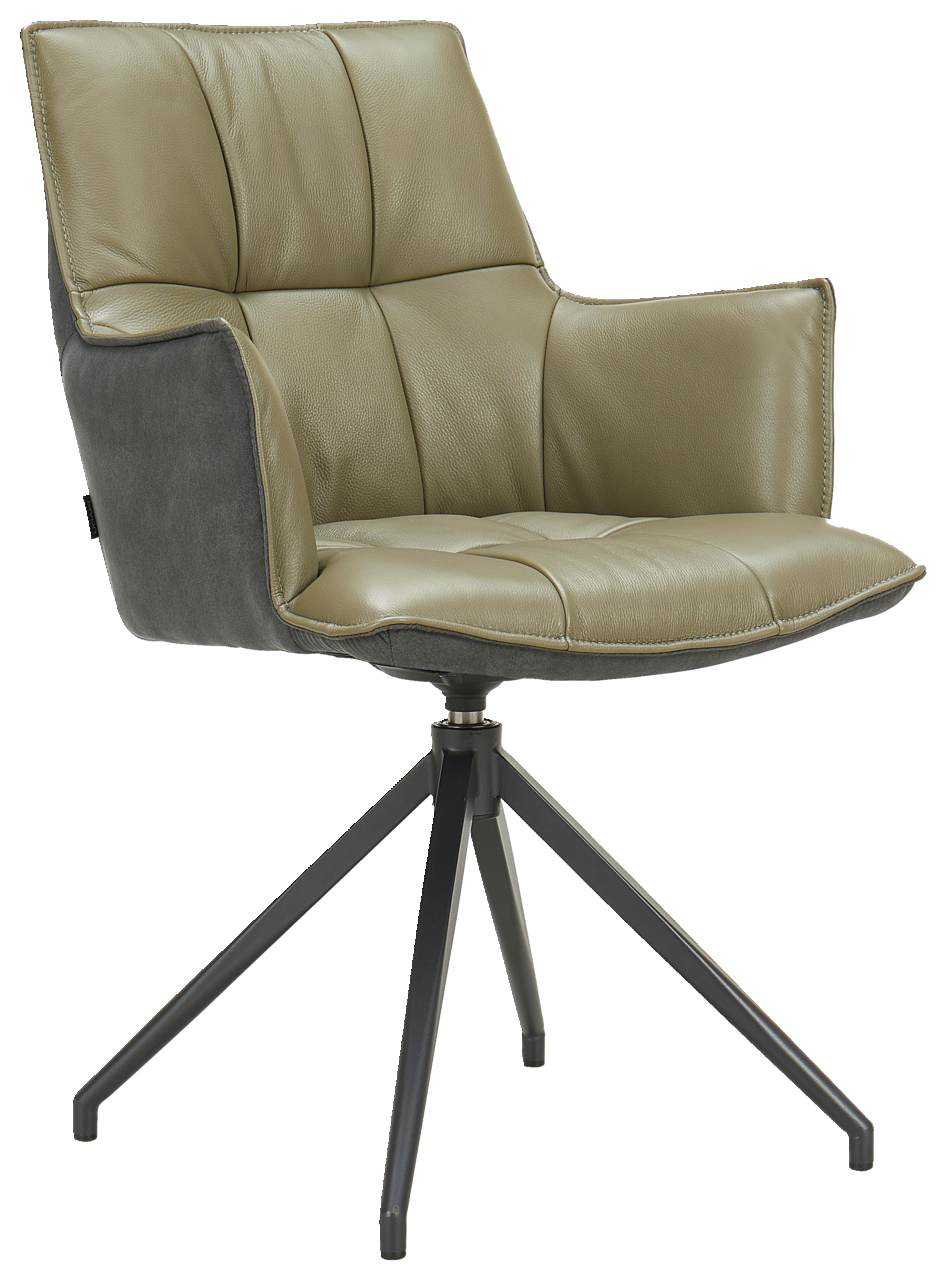 Novel Sessel OSAKA 3.0 Moderner Sessel mit olivgrünem Lederbezug und schwarzem Metallgestell, seitliche Perspektive