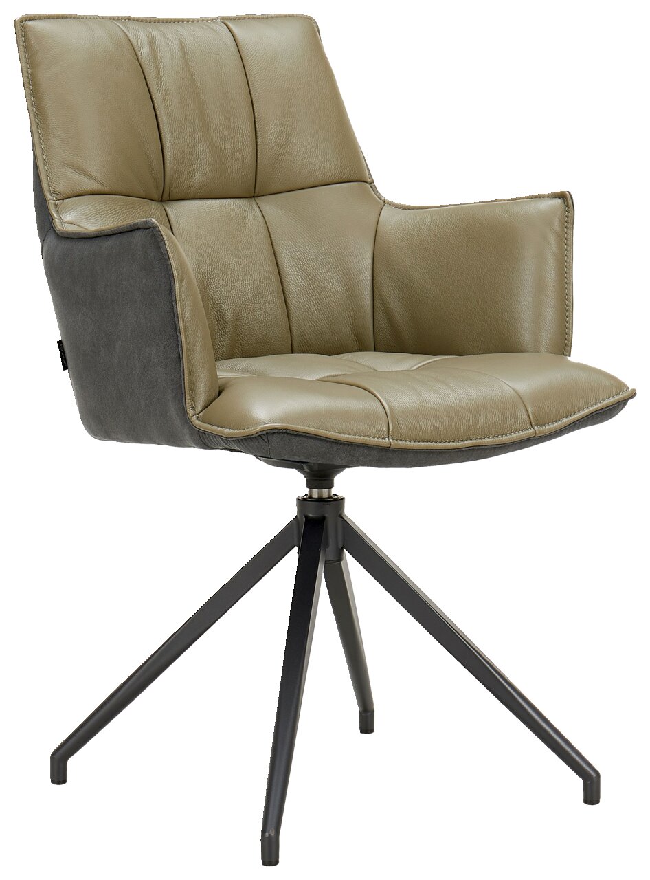 Moderner Sessel mit olivgrünem Lederbezug und schwarzem Metallgestell, seitliche Perspektive