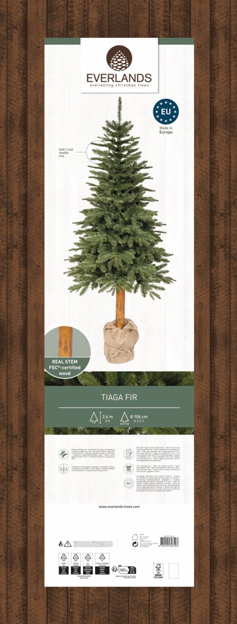 Künstlicher Weihnachtsbaum Tiaga Tanne, 240 cm hoch, mit echtem Stamm und weichen Nadeln, Frontalansicht.