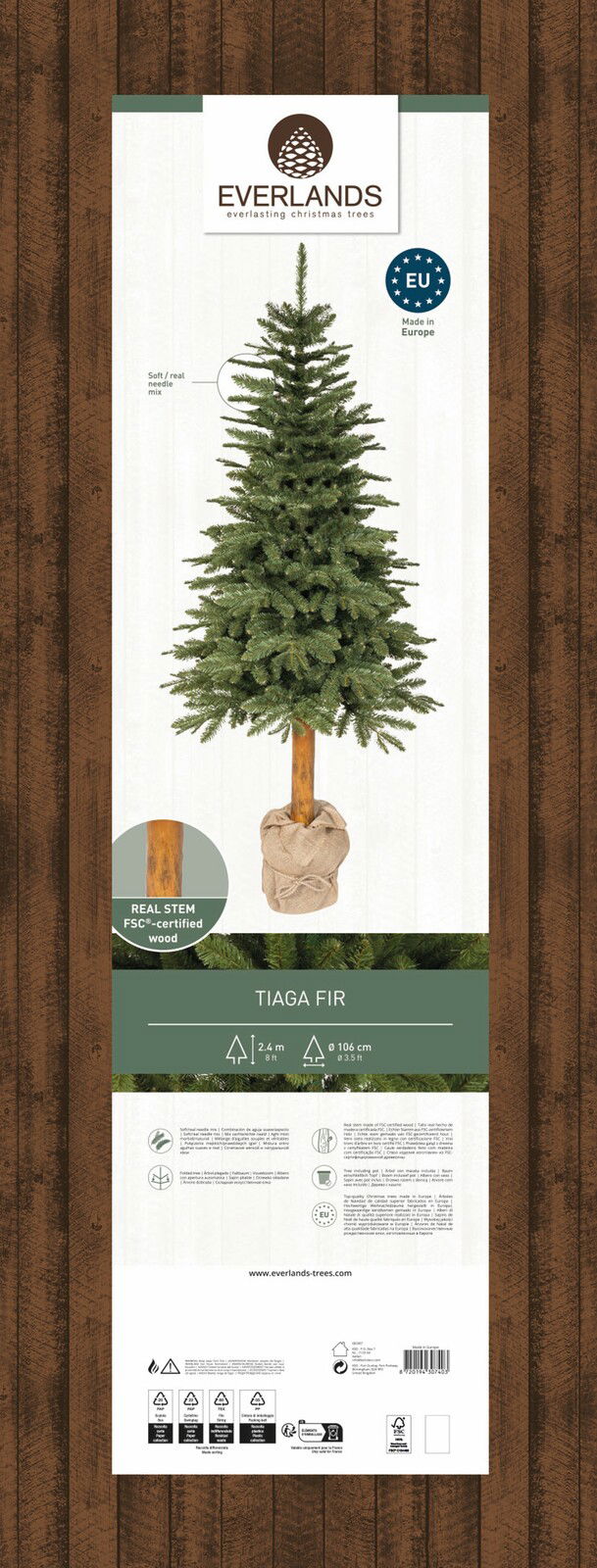 Künstlicher Weihnachtsbaum Tiaga Tanne, 240 cm hoch, mit echtem Stamm und weichen Nadeln, Frontalansicht.