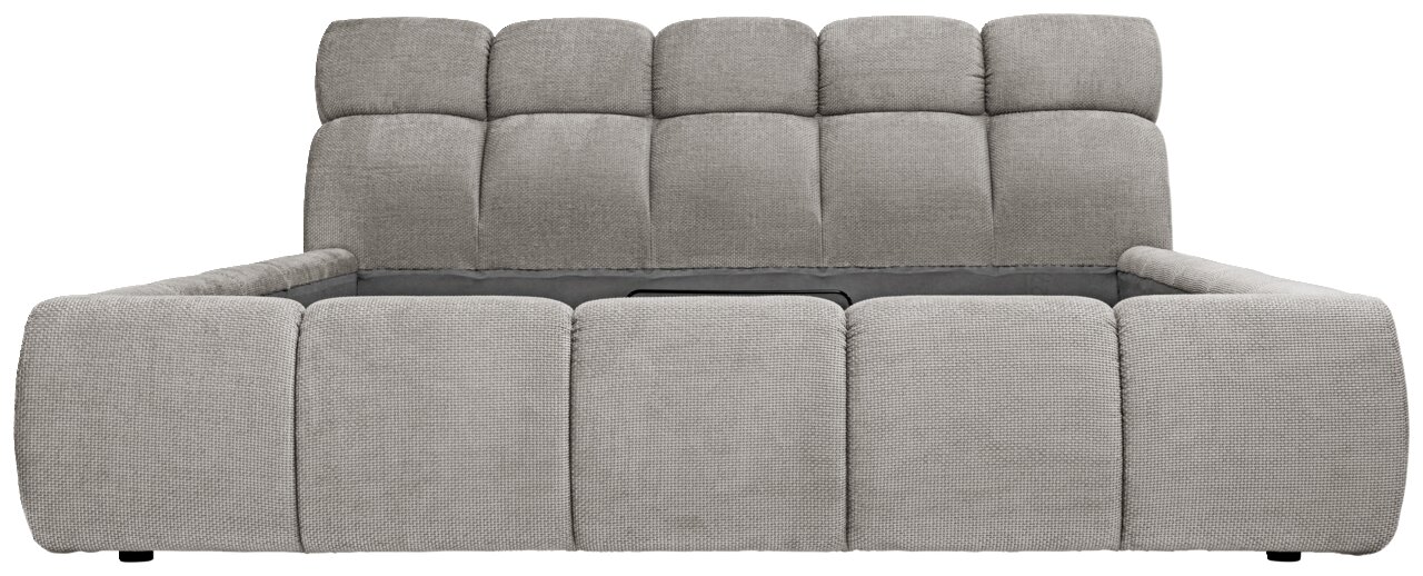 Frontale Ansicht eines grauen Polsterbettgestells mit gepolstertem Kopfteil und Seitenlehnen.