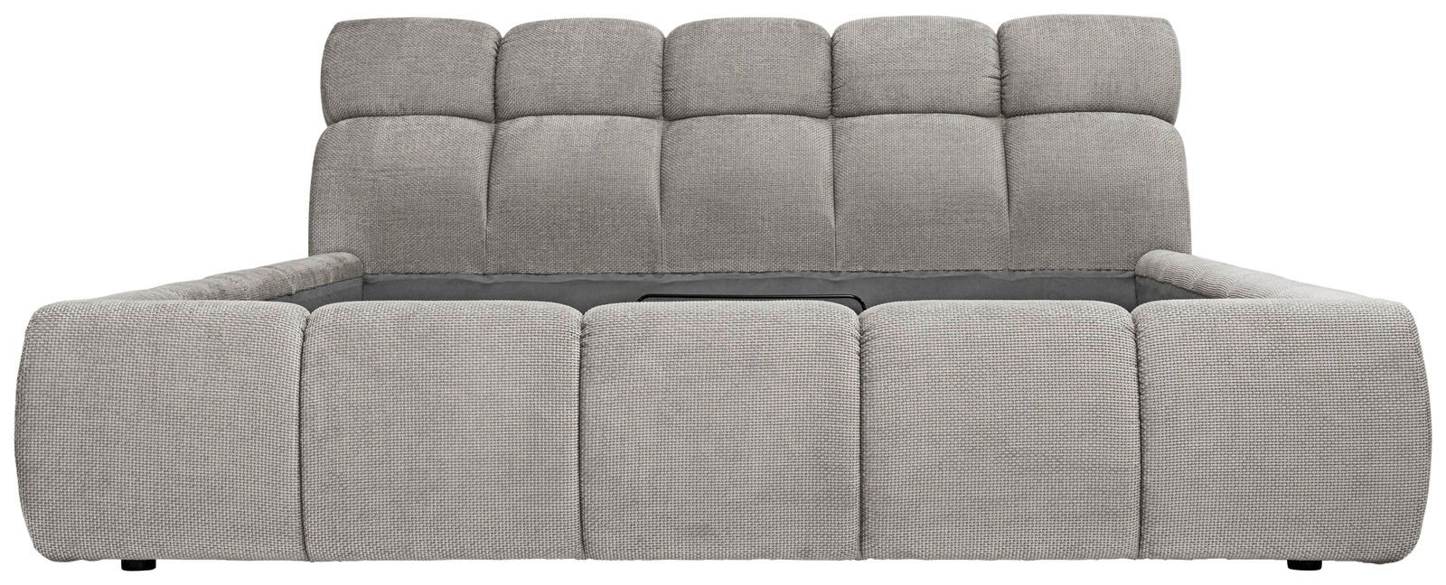 Frontale Ansicht eines grauen Polsterbettgestells mit gepolstertem Kopfteil und Seitenlehnen.