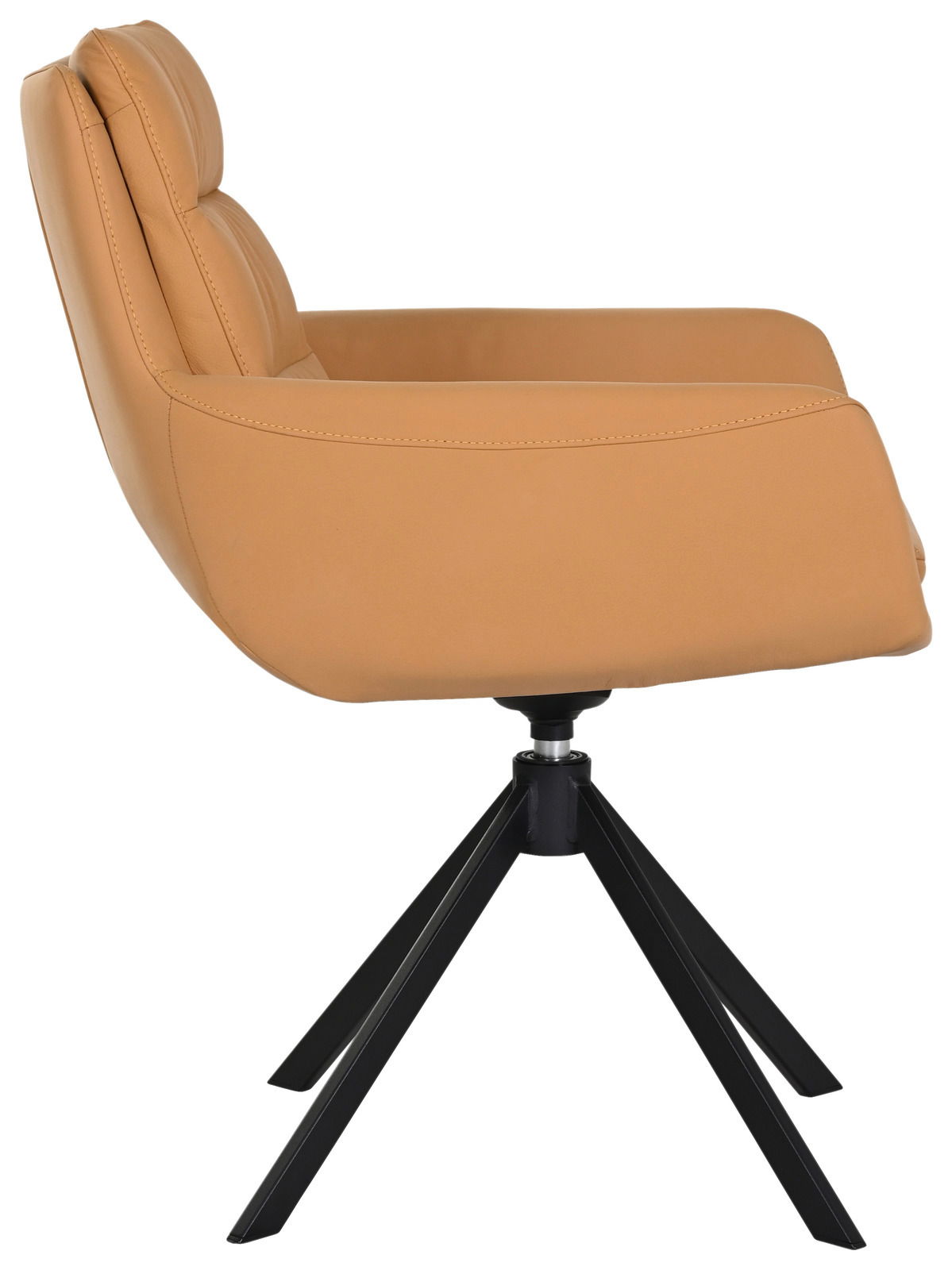 Moderner Sessel in Seitenansicht mit beigem Lederbezug und schwarzem Metallgestell.