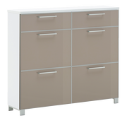 Moderner Schuhschrank mit sechs Schubladen in Beige und Weiß, seitliche Perspektive