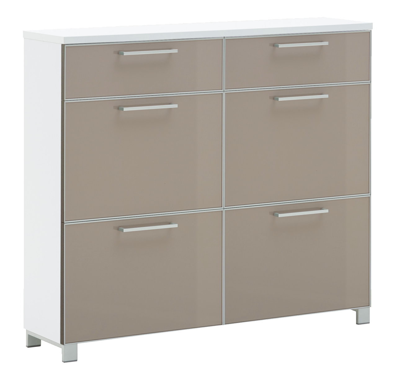 Moderner Schuhschrank mit sechs Schubladen in Beige und Weiß, seitliche Perspektive