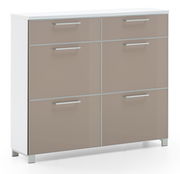 Moderner Schuhschrank mit sechs Schubladen in Beige und Weiß, seitliche Perspektive