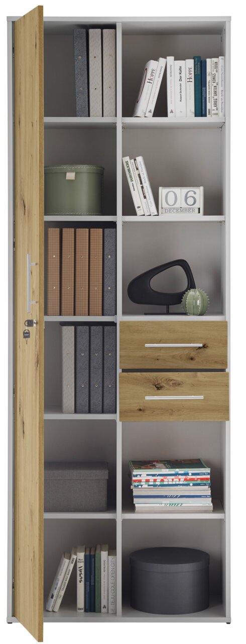 Moderner Akten- und Regalschrank mit offener Tür, gefüllt mit Büchern, Ordnern und Dekorationen, aus Holz und Metall, Frontalansicht.