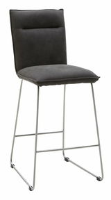 Moderner Barstuhl mit grauem Polstersitz und Rückenlehne, auf silbernem Metallgestell, seitliche Perspektive