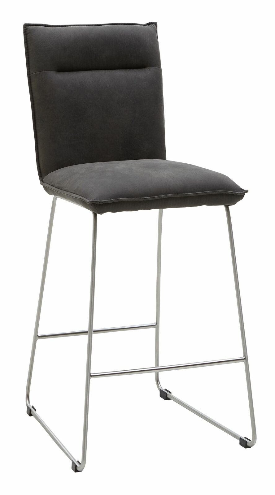 Valnatura Barstuhl SCALA Moderner Barstuhl mit grauem Polstersitz und Rückenlehne, auf silbernem Metallgestell, seitliche Perspektive