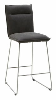 Moderner Barstuhl mit grauem Polstersitz und Rückenlehne, auf silbernem Metallgestell, seitliche Perspektive