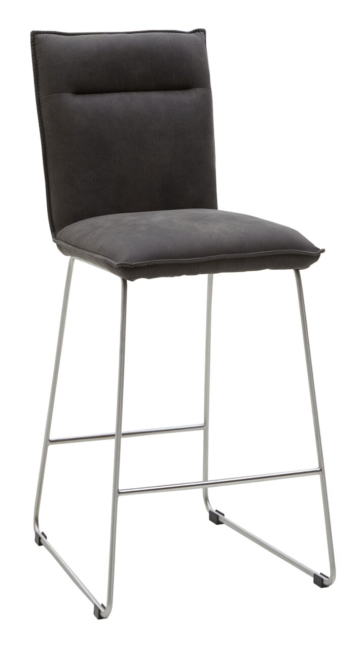 Valnatura Barstuhl SCALA Moderner Barstuhl mit grauem Polstersitz und Rückenlehne, auf silbernem Metallgestell, seitliche Perspektive