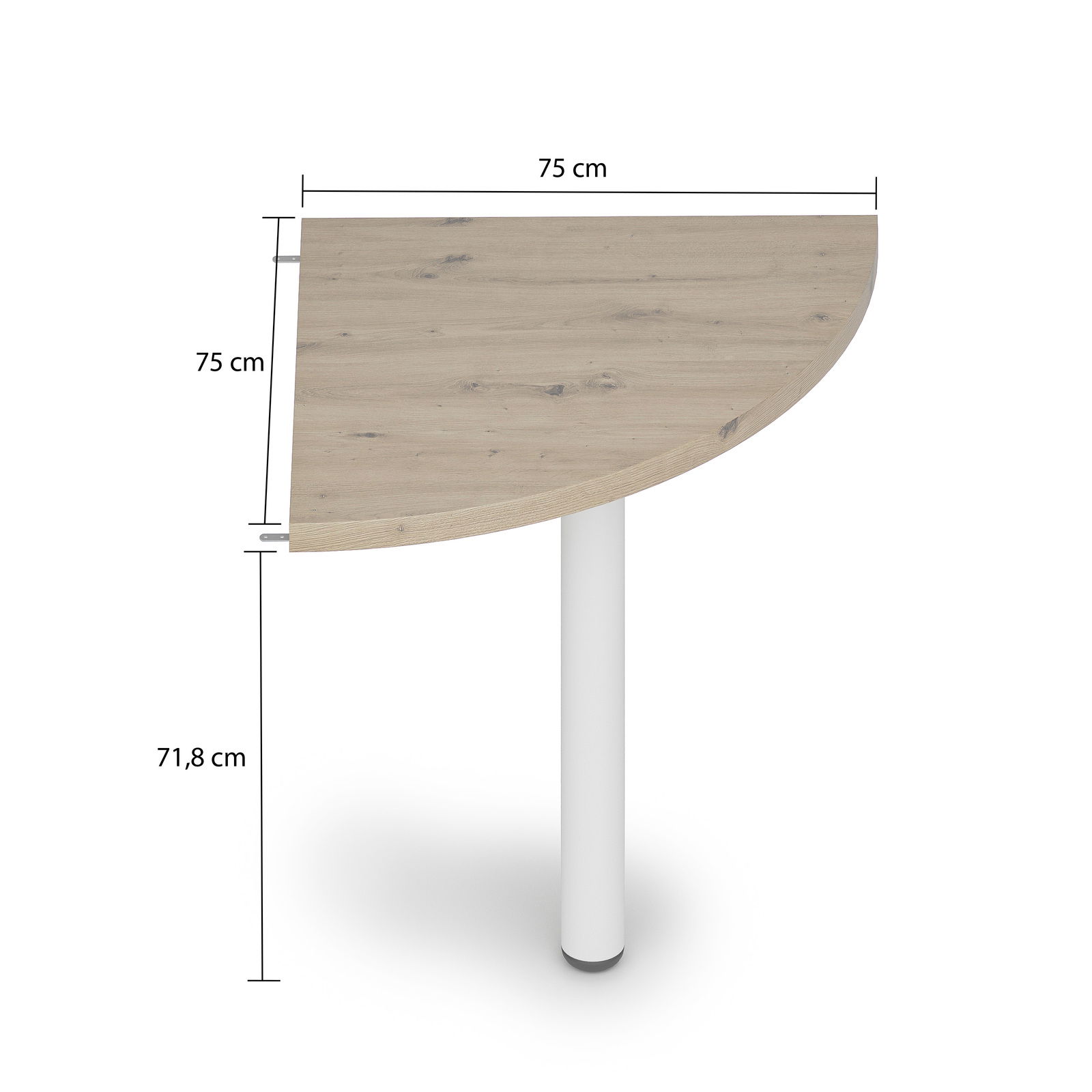 Eckverbindungsplatte aus Holz mit einem weißen Tischbein, Maße 75 cm x 75 cm, seitliche Perspektive