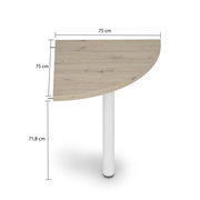 Eckverbindungsplatte aus Holz mit einem weißen Tischbein, Maße 75 cm x 75 cm, seitliche Perspektive