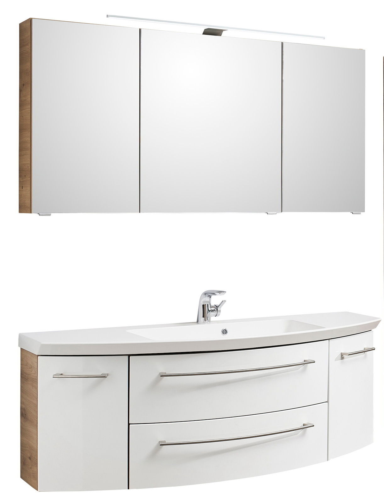 Sadena Badkombination 3-tlg. PLAKA Moderne Badkombination mit dreiteiligem Spiegelschrank und geschwungenem Waschtisch, Frontansicht