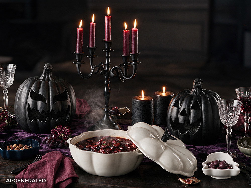 Halloween-Tischdekoration mit Kürbissen, Kerzen, Kristallgläsern und einem weißen Kürbistopf mit herbstlichem Gericht.