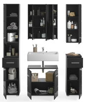 Badkombination LINUS in schwarzem Design, bestehend aus mehreren Schränken und einem Waschbecken, frontal abgebildet.