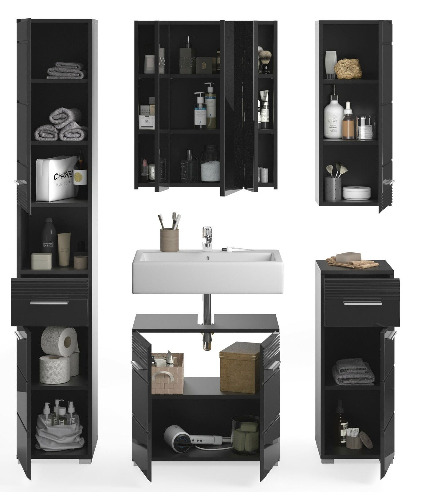 Badkombination LINUS in schwarzem Design, bestehend aus mehreren Schränken und einem Waschbecken, frontal abgebildet.